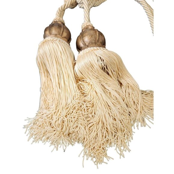 Elegant Beige Curtain Tiebacks With Wooden Crown Bead with Tassel Ends & Rope Lo - Picture 8 of 8